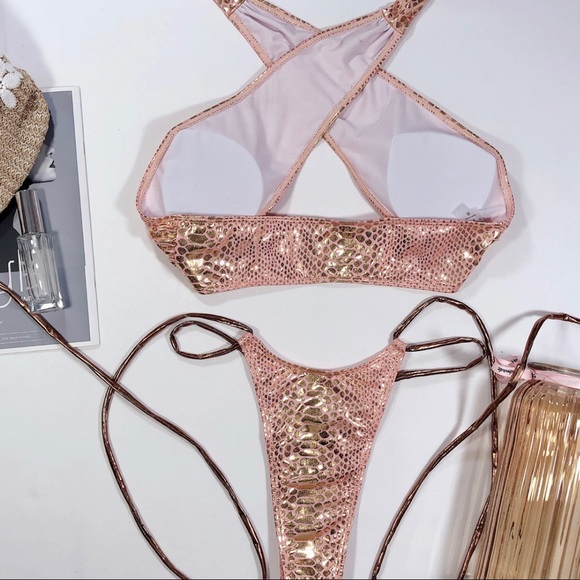 Snake print halter crisscross bikini set gold/pink - Picture 4 of 7